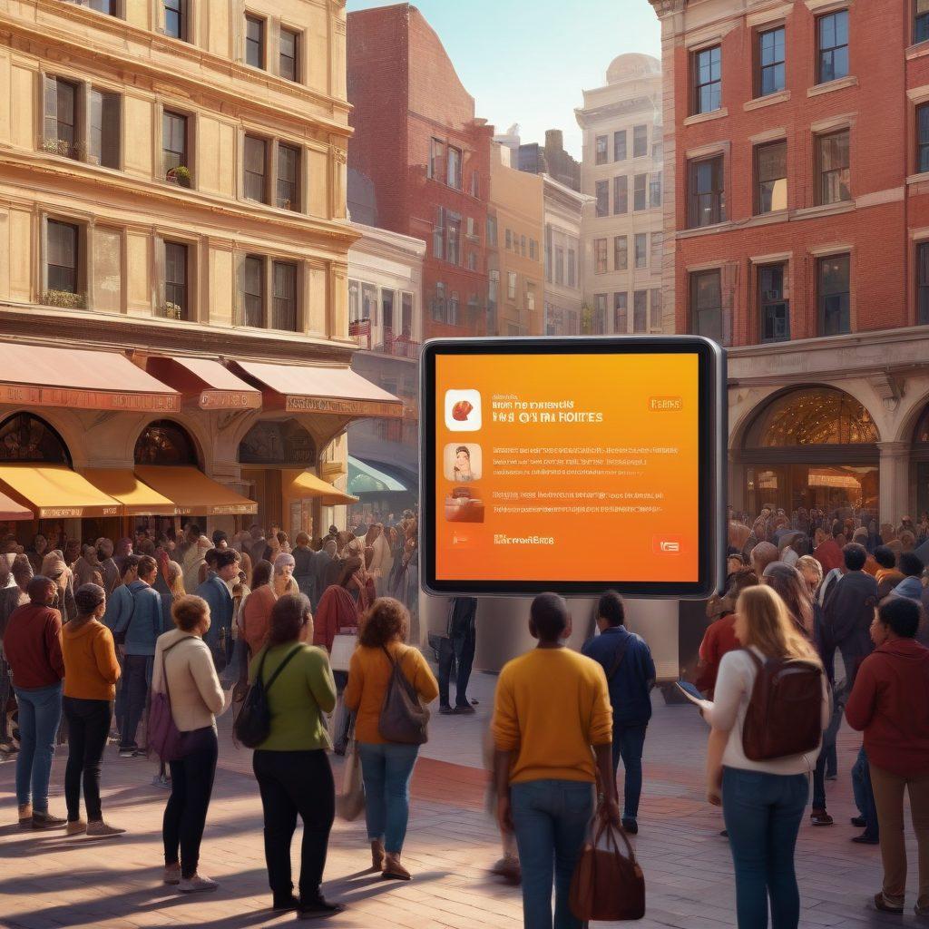 A bustling town square with people engaged in conversations, surrounded by diverse community members sharing news on smartphones and tablets. A large digital news ticker displaying urgent updates in the background. Warm, inviting colors enhance the sense of urgency and community connection. super-realistic. vibrant colors. dynamic composition.