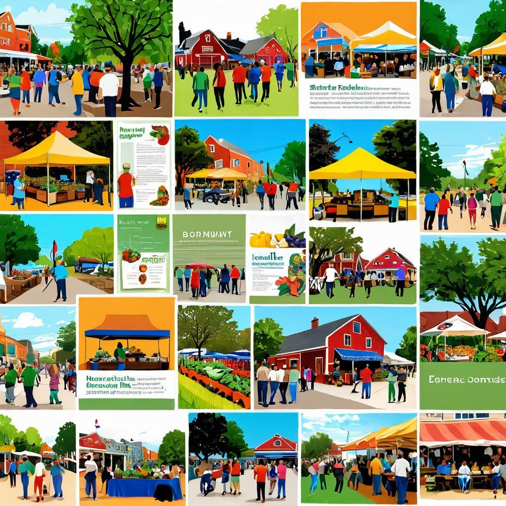 A vibrant collage of community events and regional highlights, featuring diverse groups of people engaging in various activities like farmers markets, town hall meetings, and local festivals. Illustrate a blend of communication methods such as smartphones and newspapers, symbolizing news dissemination. Incorporate elements of nature and urban settings to emphasize community connection. Bright and lively atmosphere to reflect an engaged community. super-realistic. vibrant colors. 3D.