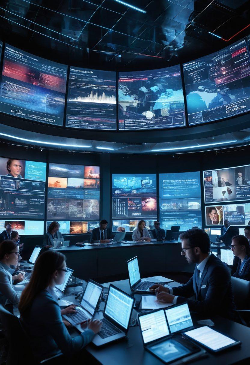 A dynamic newsroom scene where diverse journalists are deeply engaged in research, analyzing data, and brainstorming around a high-tech round table surrounded by multiple screens displaying breaking news. The atmosphere conveys urgency with floating holographic headlines above their heads, while vibrant graphs and statistics fill the background. Capturing a sense of collaboration, focus, and innovation in journalism. super-realistic. vibrant colors.